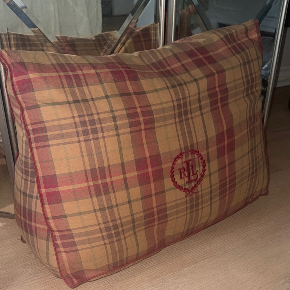 Ralph Lauren  Plaid bed/lounge decor pillows in red and tan. Two pillows.